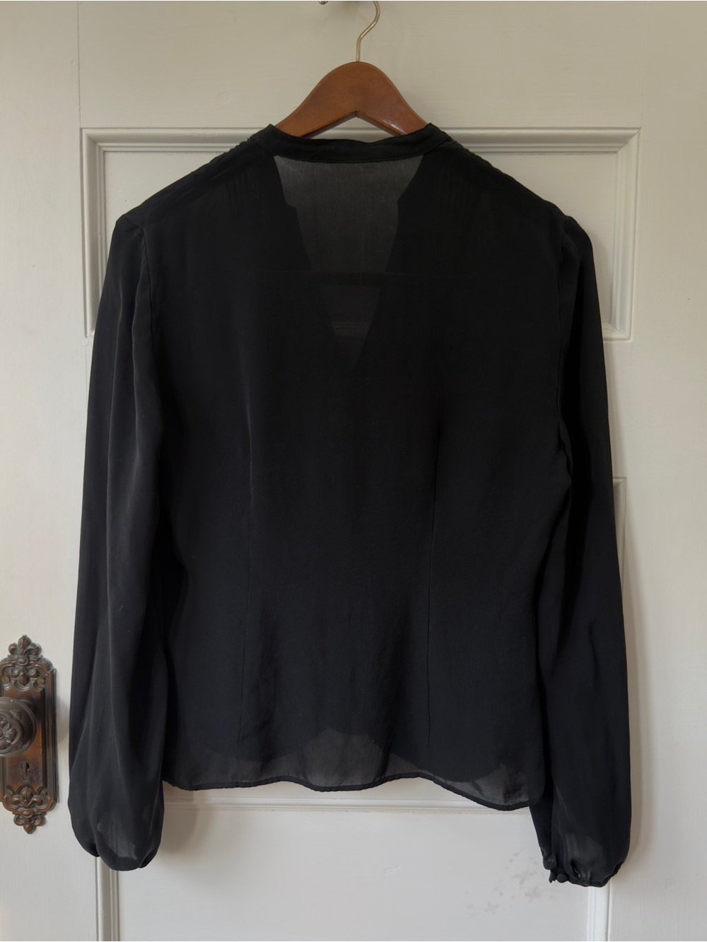 Black Pure Silk Blouse Pleated Front Button Up Bishop Sleeves Size Medium - Picture 7 of 7